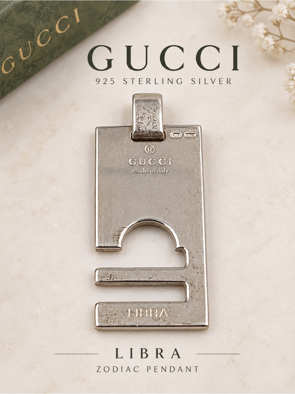 Authentic Gucci Libra Zodiac Pendant 925 Sterling Silver Necklace Charm